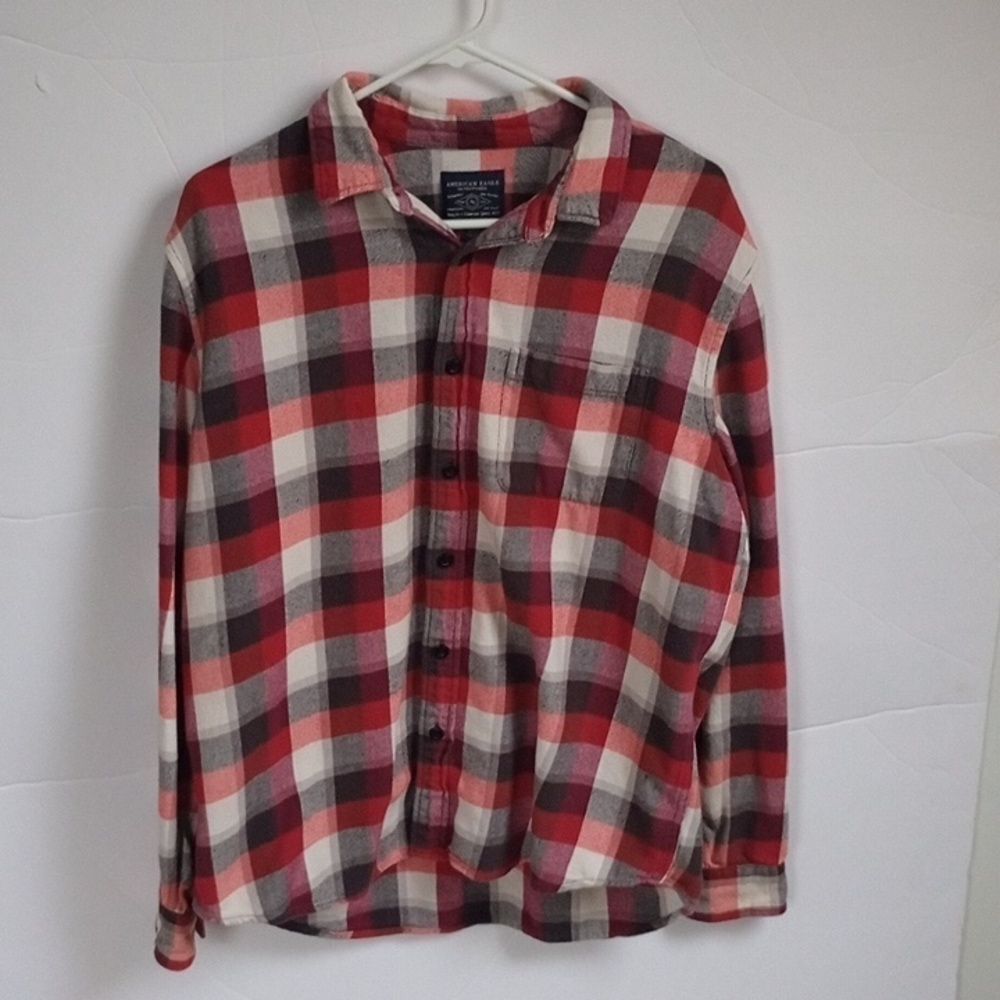 Men's Large American Eagle Red Heavy Flannel Button-up Shirt Outdoor Workwear